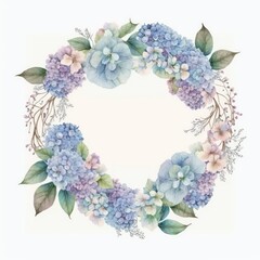 Hydrangea circle wreath in watercolor style illustration isolated on white background. beautiful flowers wreath. Blue and purple hydrangea. Generative AI.