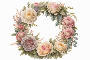 Obraz na płótnie Canvas Circle wreath of roses in watercolour,watercolor illustration isolated on white background. Generative AI.
