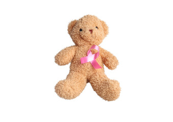 Brown bear, pink ribbon on white background. Breast cancer concept.