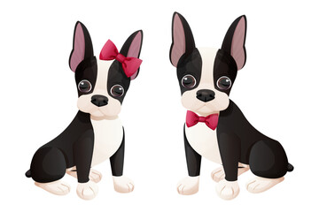 Set boston terrier girl and boy puppy with bow sitting in cartoon style isolated on white background. Cute dog, print design - obrazy, fototapety, plakaty