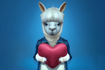 Obraz premium White alpaca character in denim jacket with fluffy red heart in paws, generative ai
