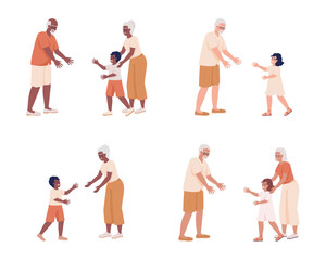 Grandparent grandchild relationship semi flat color vector characters set. Editable figures. Full body people on white. Simple cartoon style illustration pack for web graphic design and animation