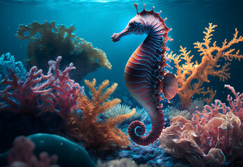 Pink seahorse in pastel colors on a background of corals and algae.AI generated.