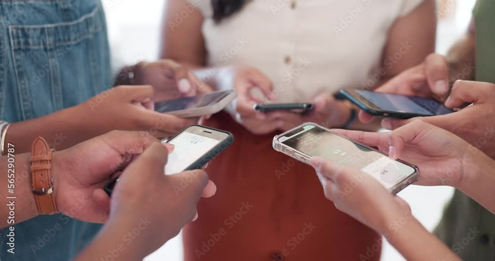 Aufkleber circle, phone or hands typing on social media as a community or group texting or searching content. 