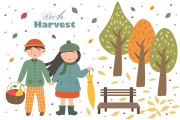 a set of isolated autumn trees, children, benches, fruit baskets. a rich harvest.