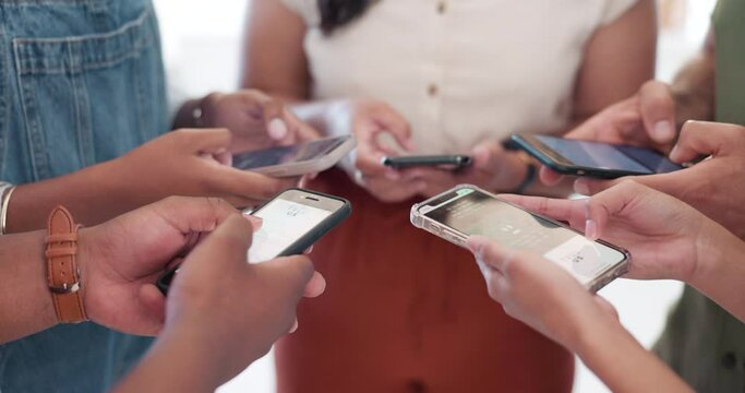 Circle, phone or hands typing on social media as a community or group texting or searching content. Viral internet news, friends or people networking on website, mobile app for digital communication