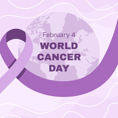 World Cancer Awareness Day February 4th. Lilac or purple ribbon with planet symbol of cancer. Stop cancer campaign Health care square template for social media or website.