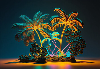 Fototapeta na wymiar Spectacular AI-Generated 3D Neon Jungle: Capturing the Dynamic Action and Vibrant Colors of Nature's Exotic Fauna and Flora in Bright Illuminated Detail