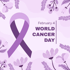 World Cancer Awareness Day February 4th. Lilac or purple ribbon symbol of cancer with flower and berry. Stop cancer campaign Health care square template for social media or website.