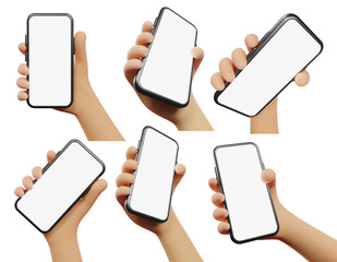 Obraz na płótnie Canvas Hand holding the blank smartphone set in cartoon style - modern frameless design - transparent PNG bacground