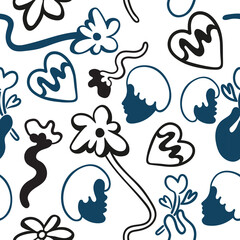 vector seamless pattern with simple doodles. love and relationships. stylish minimalist line pattern. romantic graphic background. Vector hearts, couples, flowers, plants, arrows.