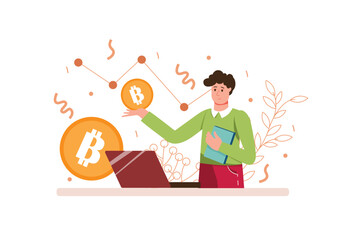 Cryptocurrency mining color concept with people scene in the flat cartoon style. Man deals with the cryptocurrency mining and earn a lot of money. Vector illustration.