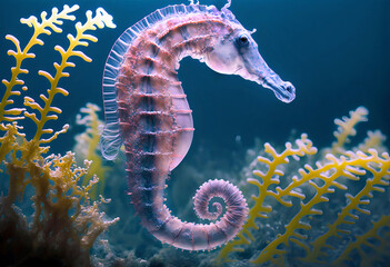 Transparent realistic seahorse on the background of corals and algae close-up.AI generated. - obrazy, fototapety, plakaty