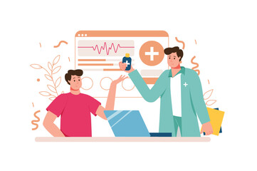 Doctors appointment color concept with people scene in the flat cartoon design. Doctor gives the patient medicine to help him heal. Vector illustration.