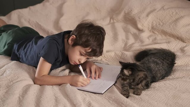 preteen boy writes in a notebook lying on the bed in the bedroom, a cat lies nearby and watches him