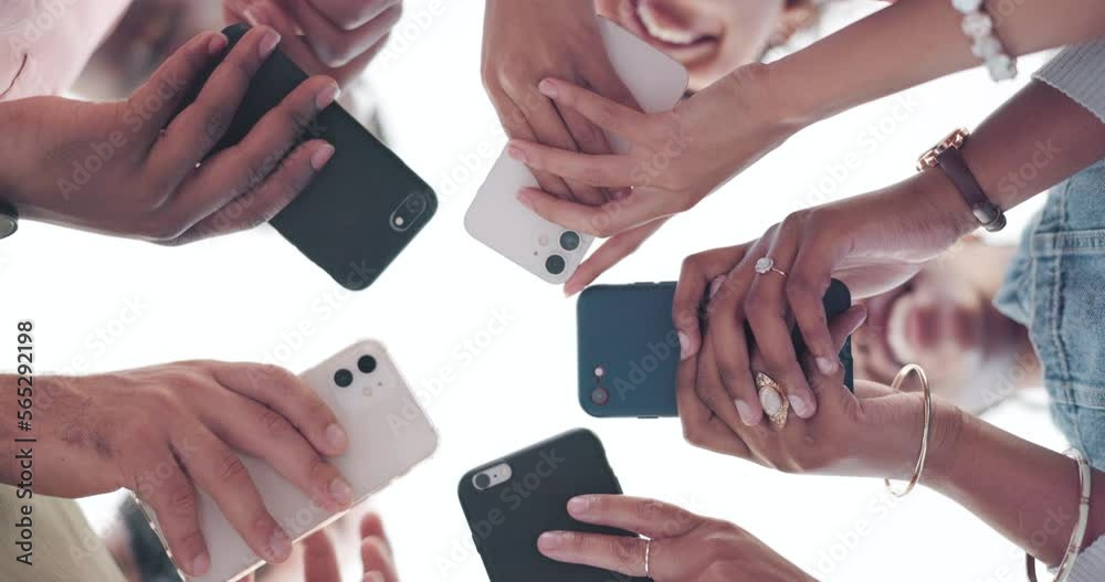 Aufkleber hands, phone and communication with friends standing in a huddle or circle from below for networking