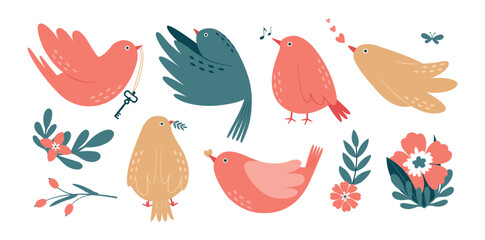 Cute set of birds in different poses and botanical elements. Cliparts in pastel shades with birdies, key, flowers, berries, plants, leaves, hearts, music notes. Romantic collection of illustrations.
