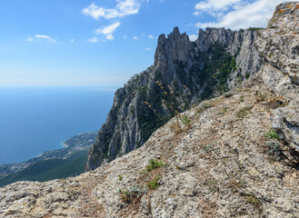 View from Ai-Petri mountain towards Alupka coastline, Crimea, Russia.