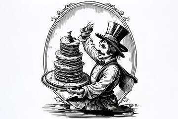 Cartoon line drawing of a Victorian gentleman carrying pancakes on Shrove Tuesday in February to celebrate the traditional religious festival, computer Generative AI stock illustration image - obrazy, fototapety, plakaty