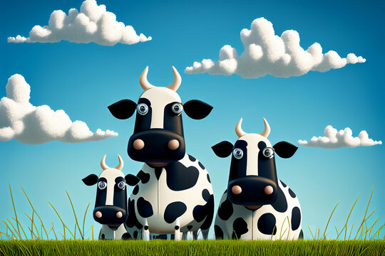 Cartoon Of Black And White Holstein Friesian Cows Standing In A Green Grass Pasture Field For Dairy  Livestock With A Blue Sky And Fluffy White Clouds, Generative AI Stock Illustration Image