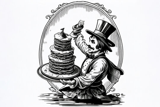 Cartoon line drawing of a Victorian gentleman carrying pancakes on Shrove Tuesday in February to celebrate the traditional religious festival, computer Generative AI stock illustration image
