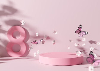 Pink podium with flying flowers and butterflies. Womans Day. Platform, stage for beauty, cosmetic products presentation. Mock up. Display, showcase. 3D rendering.