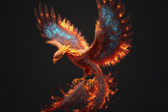 Flapping, fiery phoenix wings in flight; amazing phoenix artwork. Generative AI