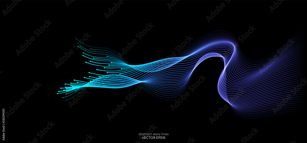 Poster vector abstract light lines wavy flowing dynamic in blue green purple colors isolated on black backg