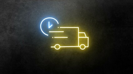 neon food delivery cars icon. Line fast cars . Glowing logo. Graphic moped sign background