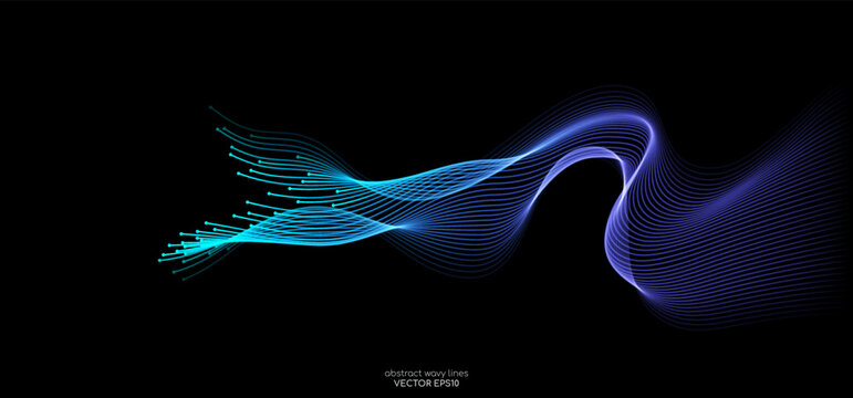 Vector abstract light lines wavy flowing dynamic in blue green purple colors isolated on black background for concept of AI technology, energy, electric, digital, 5G, science, music