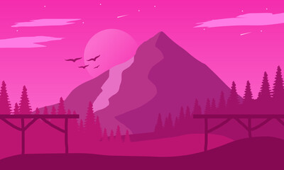 Beautiful Purple Mountain Landscape With Forest, Bridge, Moon, Star, and Bird Silhouettes. Vector Illustration