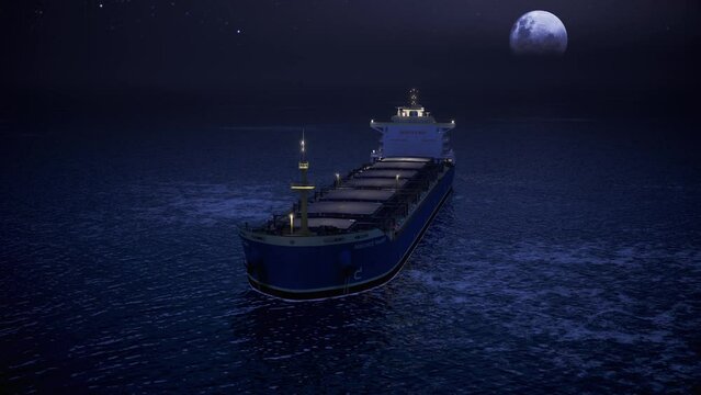 Night Cargo Ship Is Floating. Dry Cargo Ship Offshore In Open Sea. Aerial View Of Dry Cargo Ship With Full Moon - 4K Resolution