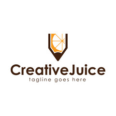 Creative Juice Logo Design Template with pencil icon and orange juice. Perfect for business, company, restaurant, mobile, app, etc.