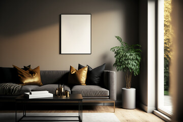 Mockup poster frame on the wall of the modern  living room. Modern interior. Luxurious background with contemporary design. Modern interior design. 3D render, generative ai.