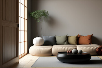 Japanese modern living room in earthy Morandi tones. Modern minimalist interior. Background with contemporary design. Modern interior design. 3D render, generative ai.