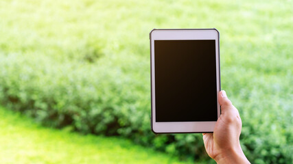 Farmer using digital tablet computer on his farm.