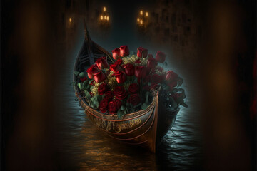 Ein großer Strauß mit dunkelroten Rosen in einer venzianischen Gondel bei Nacht. Lichter im Hintergrund und romantische Stimmung - 565295501