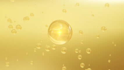 Cosmetic Moisturizer Water Molecule, Cosmetic Essence, Liquid Bubble, Particle Inside Liquid Bubble on Water Background, Vitamin for personal care and beauty concept. 3D Rendering