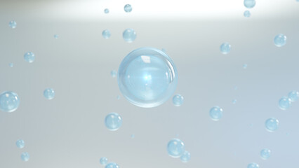 Cosmetics Bubbles of serum on a blurred background. Cosmetics magic bubble design Transparent balls, creative bubbles, and holographic liquid blobs floating in space. 3D render
