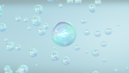 3D cosmetic rendering Blue Bubbles of serum on a blurry background. Design of collagen bubbles. Essentials of Moisturizing and Serum Concept. Concept of vitamins for beauty and health.