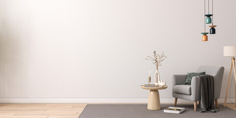 Living room design with empty wall mockup, two wooden chairs on white wall, copy space