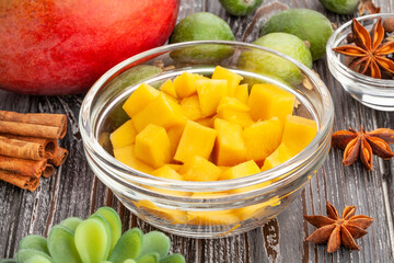 sliced mango on wood background