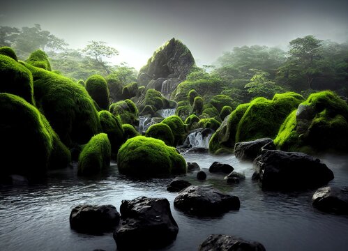 Rocks near waterfall in heavy fog in deep jungle