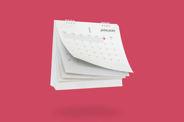White paper desk calendar flipping page mockup isolated on red background - obrazy, fototapety, plakaty