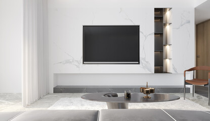 The modern luxury interior of the living room is bright and clean. 3D illustration