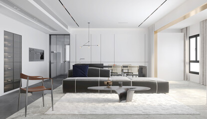 The modern luxury interior of the living room is bright and clean. 3D illustration