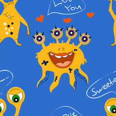 Cute hand drawn monsters. Seamless childish pattern. Creative kids texture. Perfect for wallpaper, apparel, fabric and textile.