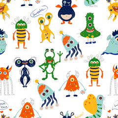 Cute hand drawn monsters. Seamless childish pattern. Creative kids texture. Perfect for wallpaper, apparel, fabric and textile.