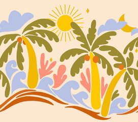 Beautiful vector old style 70s retro floral seamless pattern with colorful palms waves sun. Stock surfing illustration.