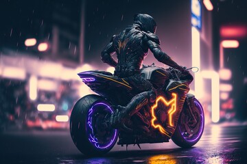 Speedway with riding Futuristic sport motorcycle in a night city,cyberpunk motorcycle background ,generative AI	